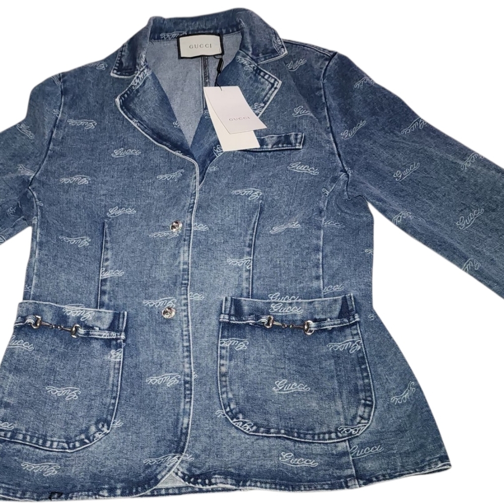 GUCCI Script-Print Denim Blazer With Metallic Horse-Bit Pocket Detail - Picture 8 of 9